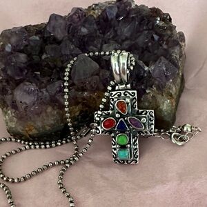 Vintage Sterling Silver 925  THAI Multicolor Cross Pendant Necklace